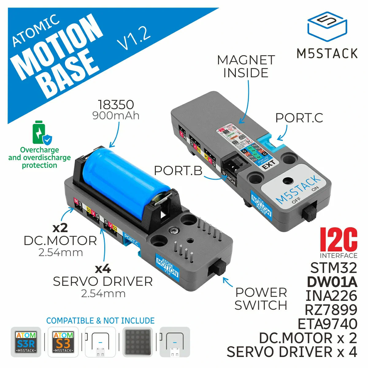 M5Stack ATOMIC Motion Base v1.2 with Power Monitor (INA226AIDGSR)