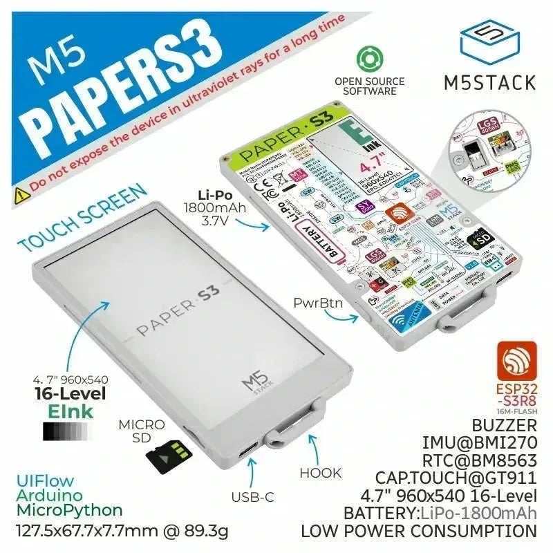 M5PaperS3 ESP32S3 Development Kit (960x540, 4.7inch eInk Display, 235 ppi)